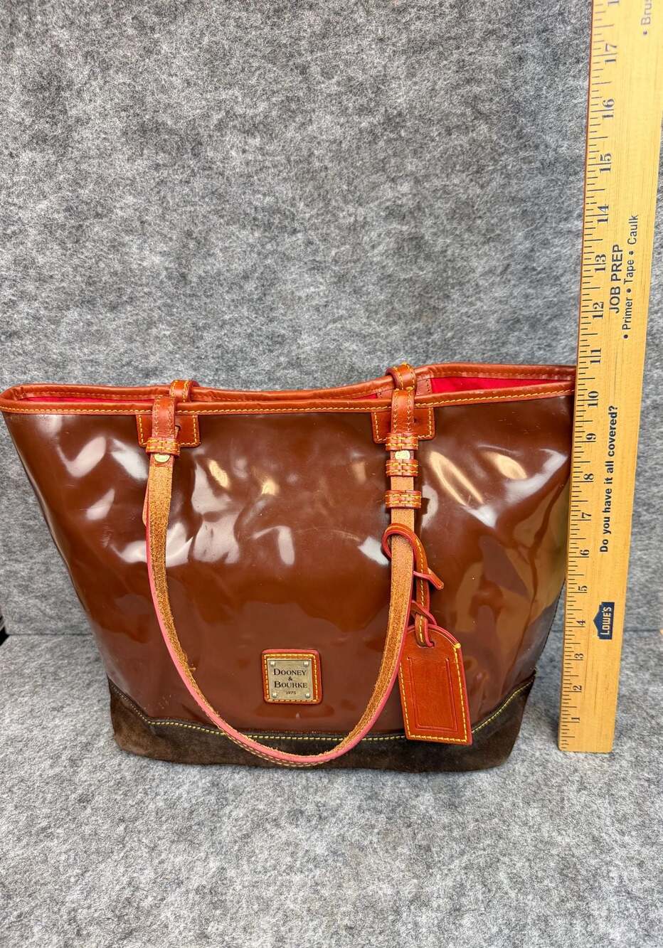 Dooney & Bourke Brown Patent Leather Tote with Suede Bottom - Picture 7 of 8